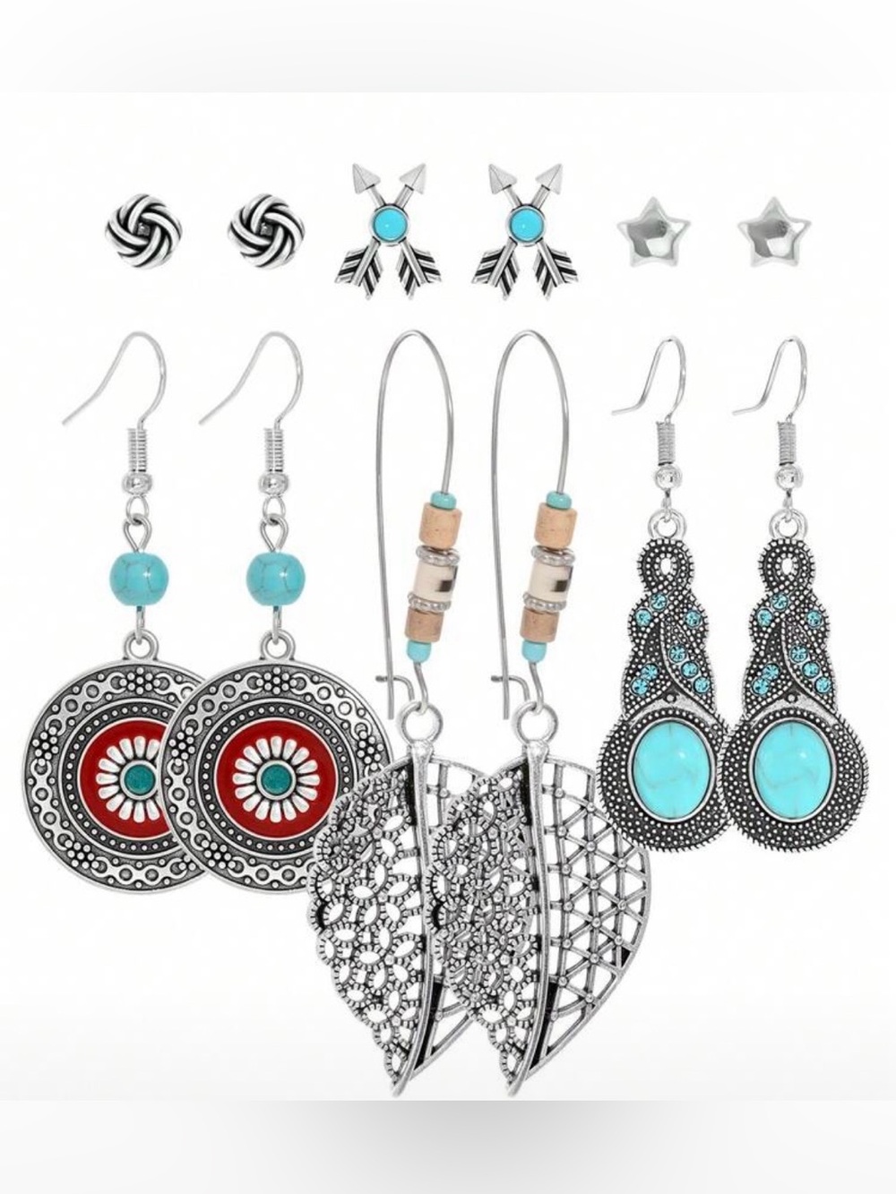 Boho faux Turquoise & Silver Earring Set - 6 Pairs